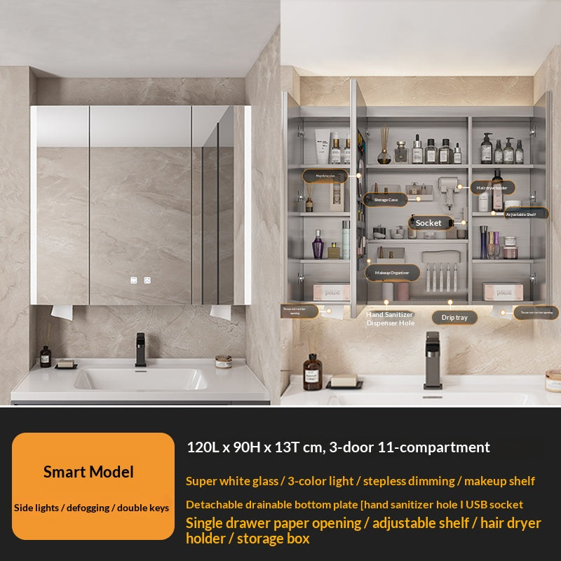 Smart mirror cabinet with stainless - steel beauty storage, detachable drain board