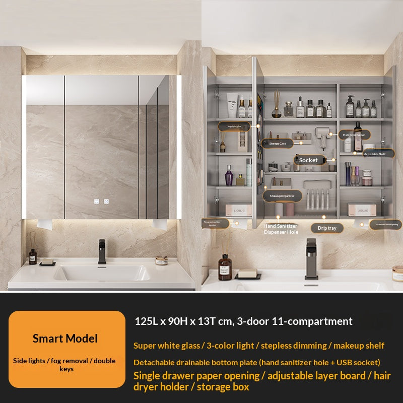 Smart mirror cabinet with stainless - steel beauty storage, detachable drain board