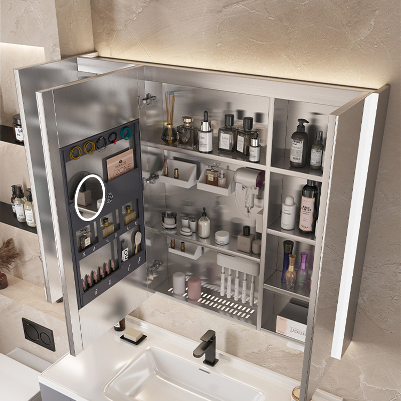 Smart mirror cabinet with stainless - steel beauty storage, detachable drain board