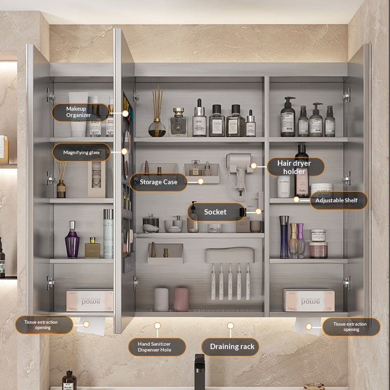 Smart mirror cabinet with stainless - steel beauty storage, detachable drain board