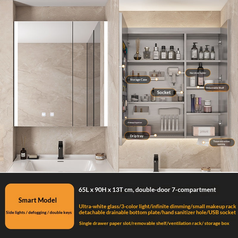 Smart mirror cabinet with stainless - steel beauty storage, detachable drain board