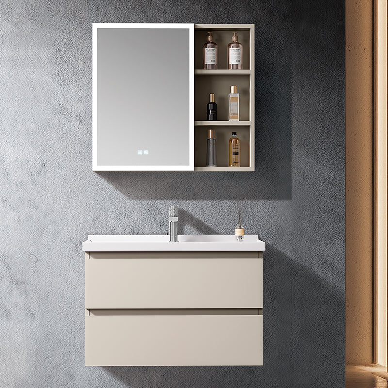 High-End Grey Stainless Steel Bathroom Vanity Set - Integrated Ceramic Basin Washstand with Smart LED Lighted Beauty Storage Mirror Cabinet