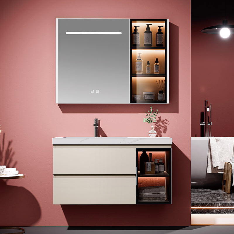 Stainless Steel Bathroom Vanity Set - Integrated Ceramic Basin Washstand with Smart LED Lighted Beauty Storage Mirror Cabinet