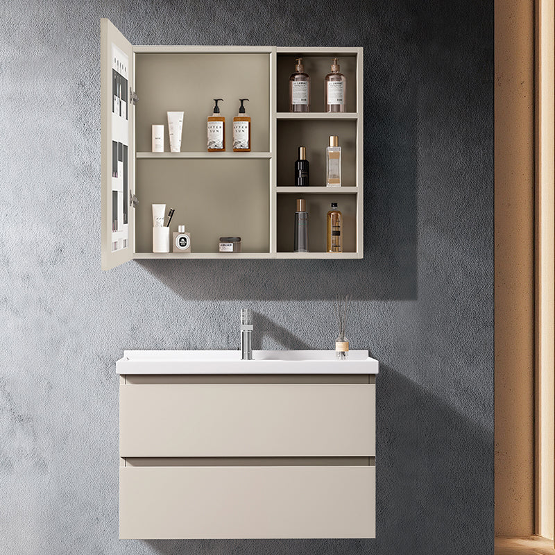 High-End Grey Stainless Steel Bathroom Vanity Set - Integrated Ceramic Basin Washstand with Smart LED Lighted Beauty Storage Mirror Cabinet