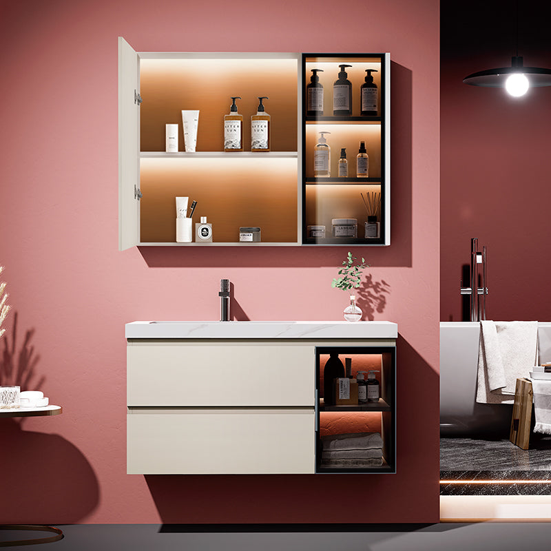 Stainless Steel Bathroom Vanity Set - Integrated Ceramic Basin Washstand with Smart LED Lighted Beauty Storage Mirror Cabinet