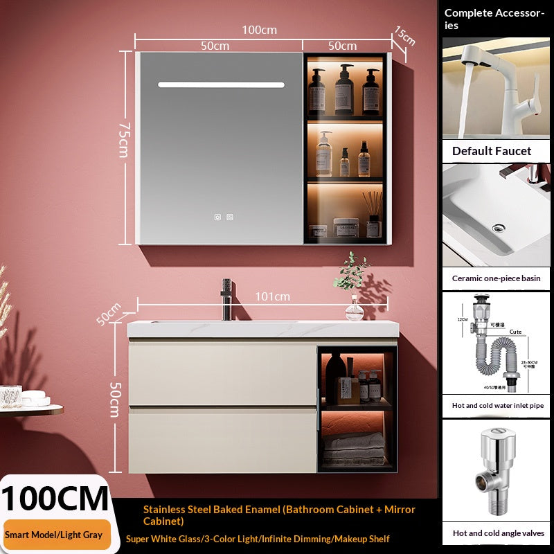 Stainless Steel Bathroom Vanity Set - Integrated Ceramic Basin Washstand with Smart LED Lighted Beauty Storage Mirror Cabinet