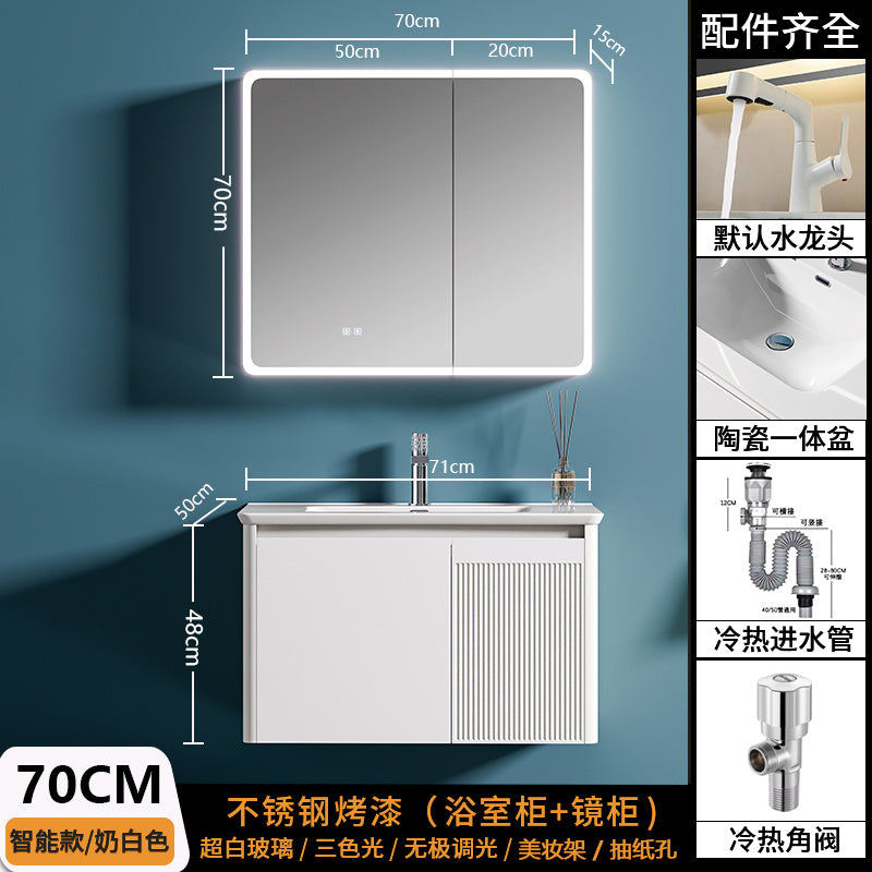 Custom Full-Height Mirror Cabinet + Integrated Ceramic Basin Bathroom Vanity Set - Stainless Steel, Smart Beauty Storage with Drain Board